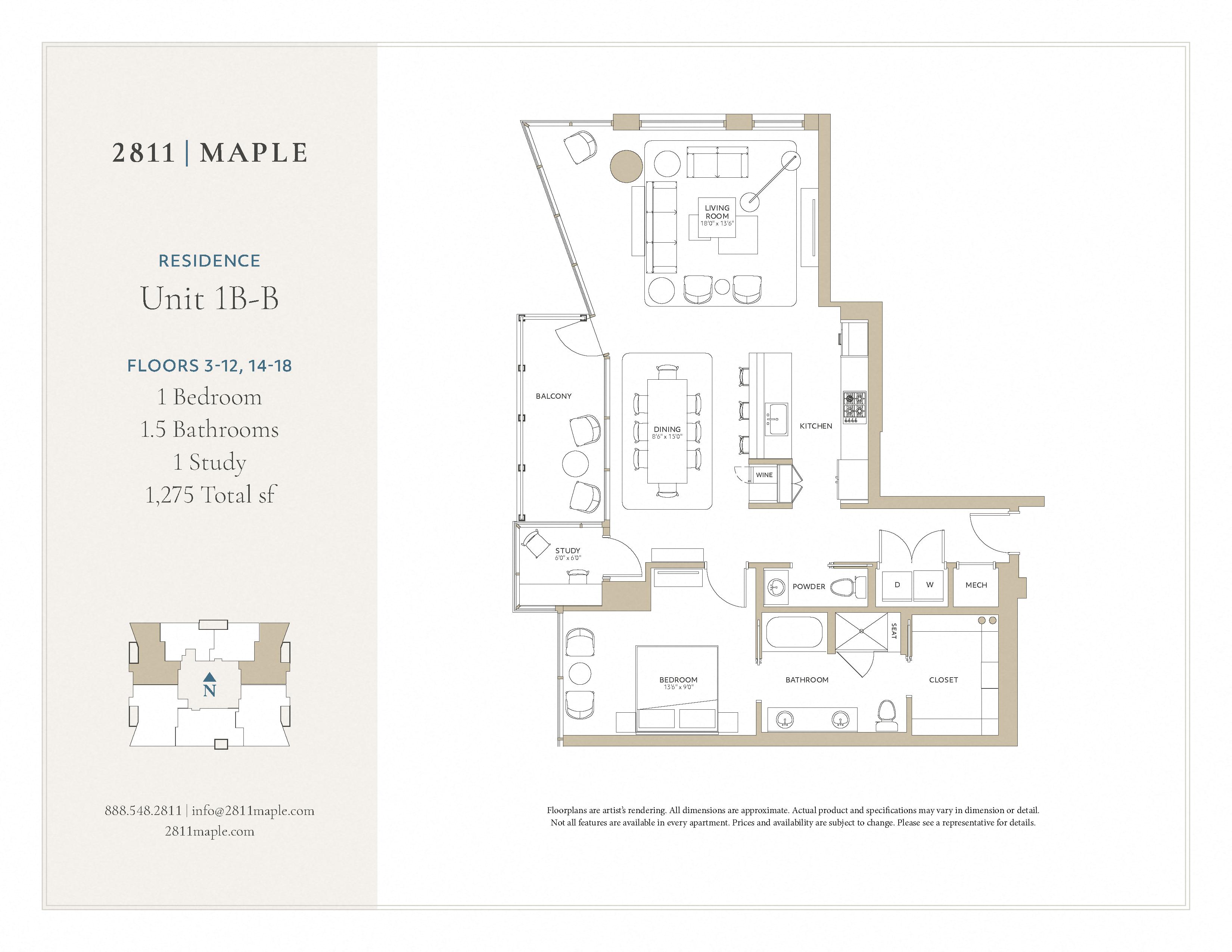 Floor plan for 1 bed, 1.5 baths, 1275 sqft