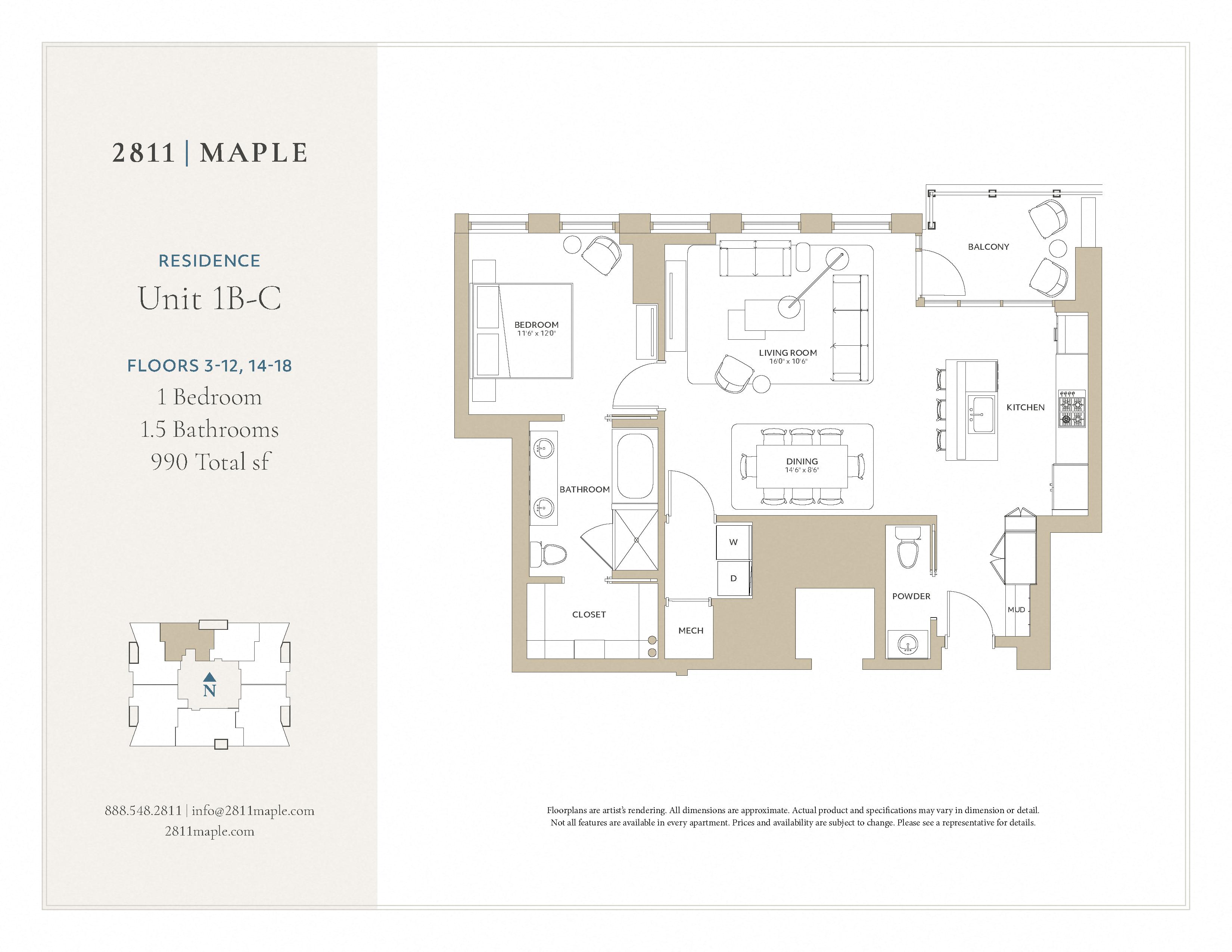 Floor plan for 1 bed, 1.5 baths, 990 sqft