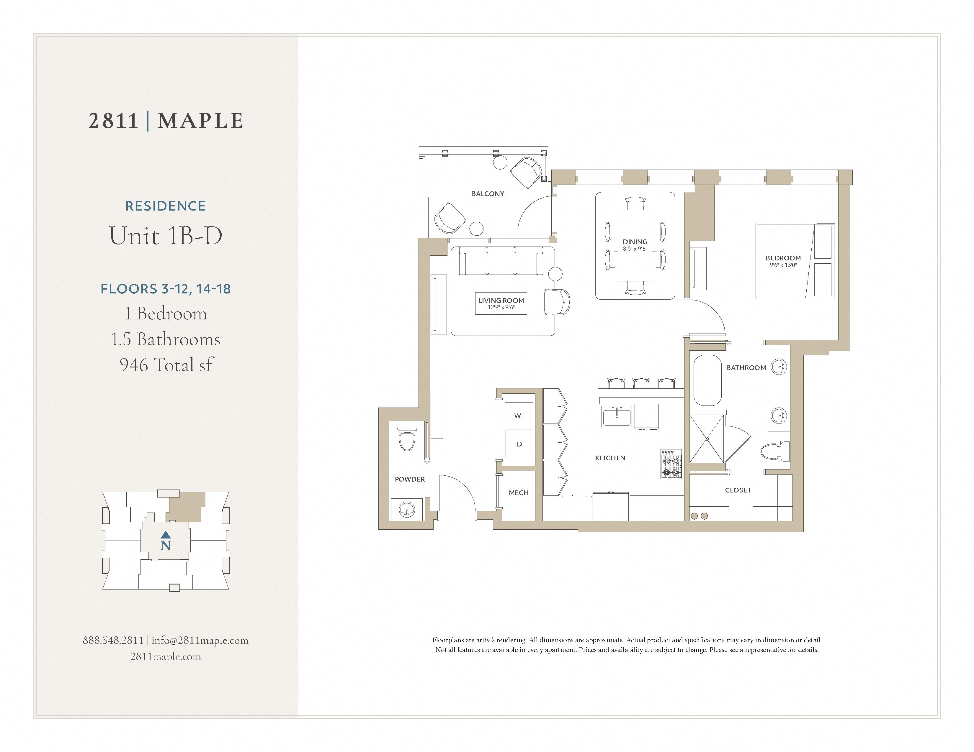 Floor plan for 1 bed, 1.5 baths, 946 sqft