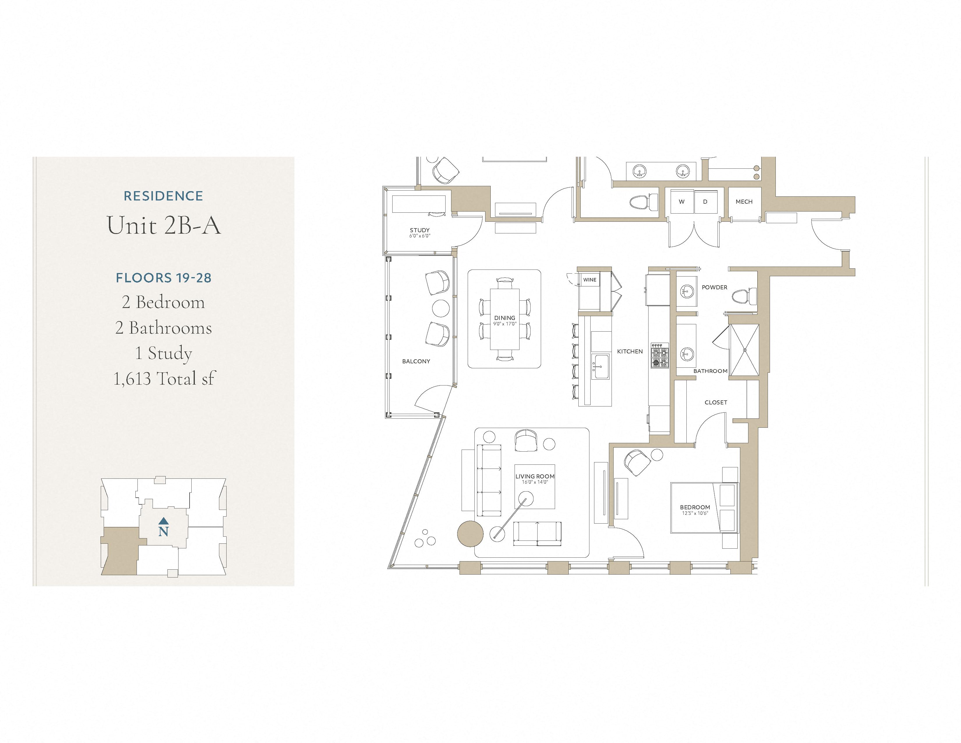 Floor plan for 2 beds, 2 baths, 1613 sqft