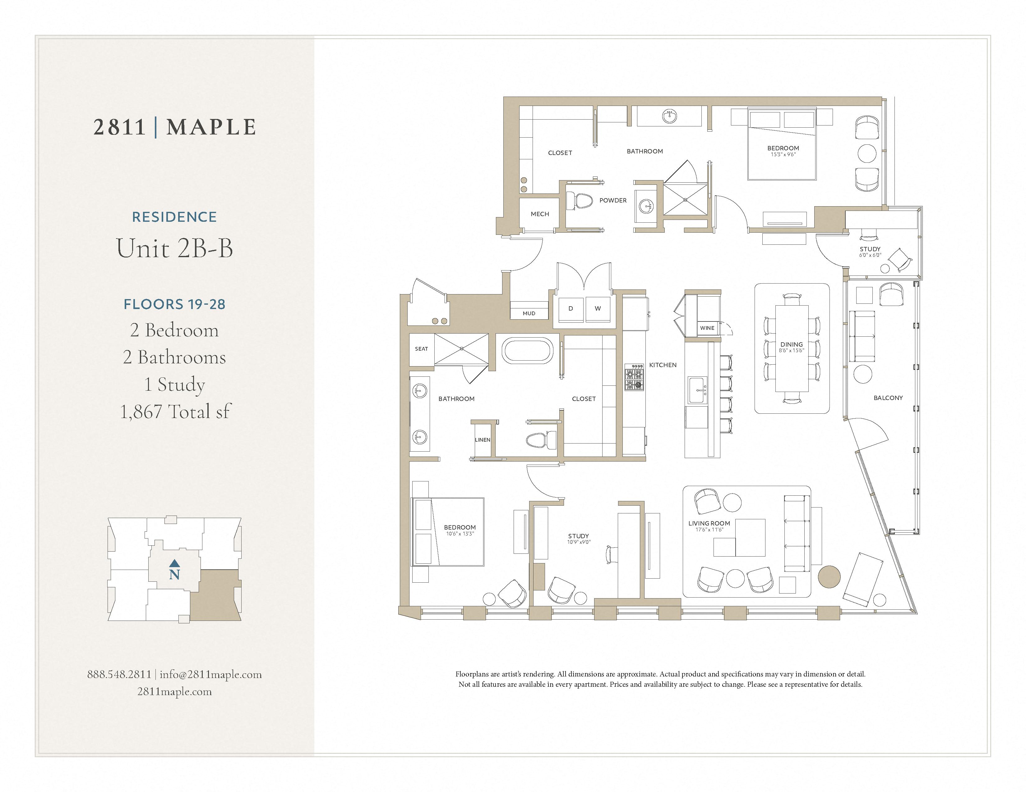 Floor plan for 2 beds, 2 baths, 1867 sqft