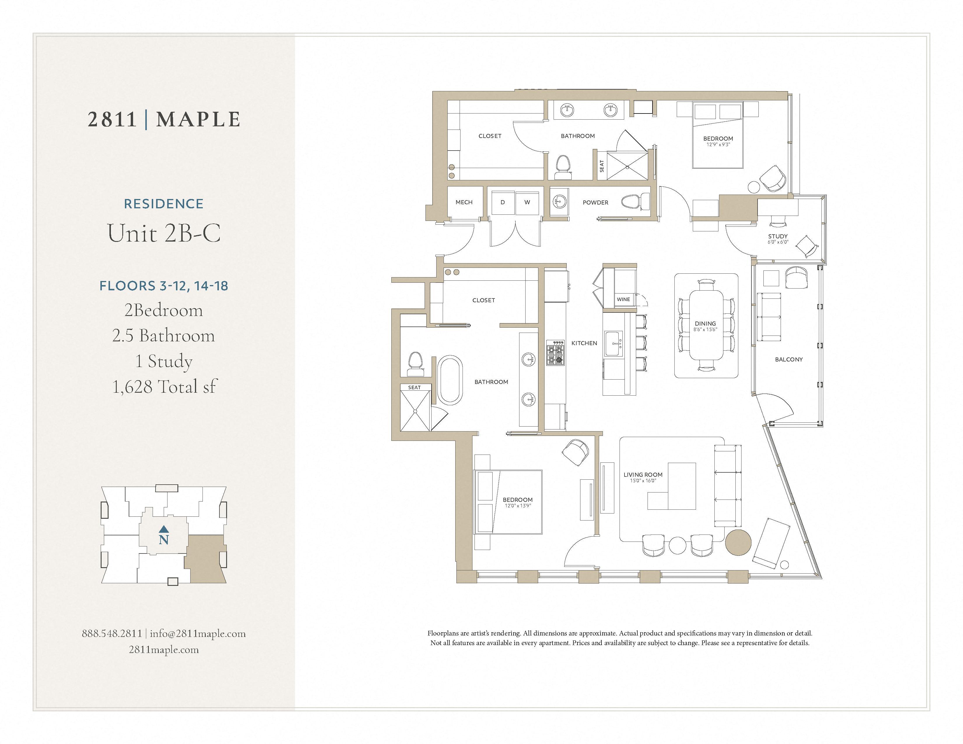 Floor plan for 2 beds, 2.5 baths, 1628 sqft