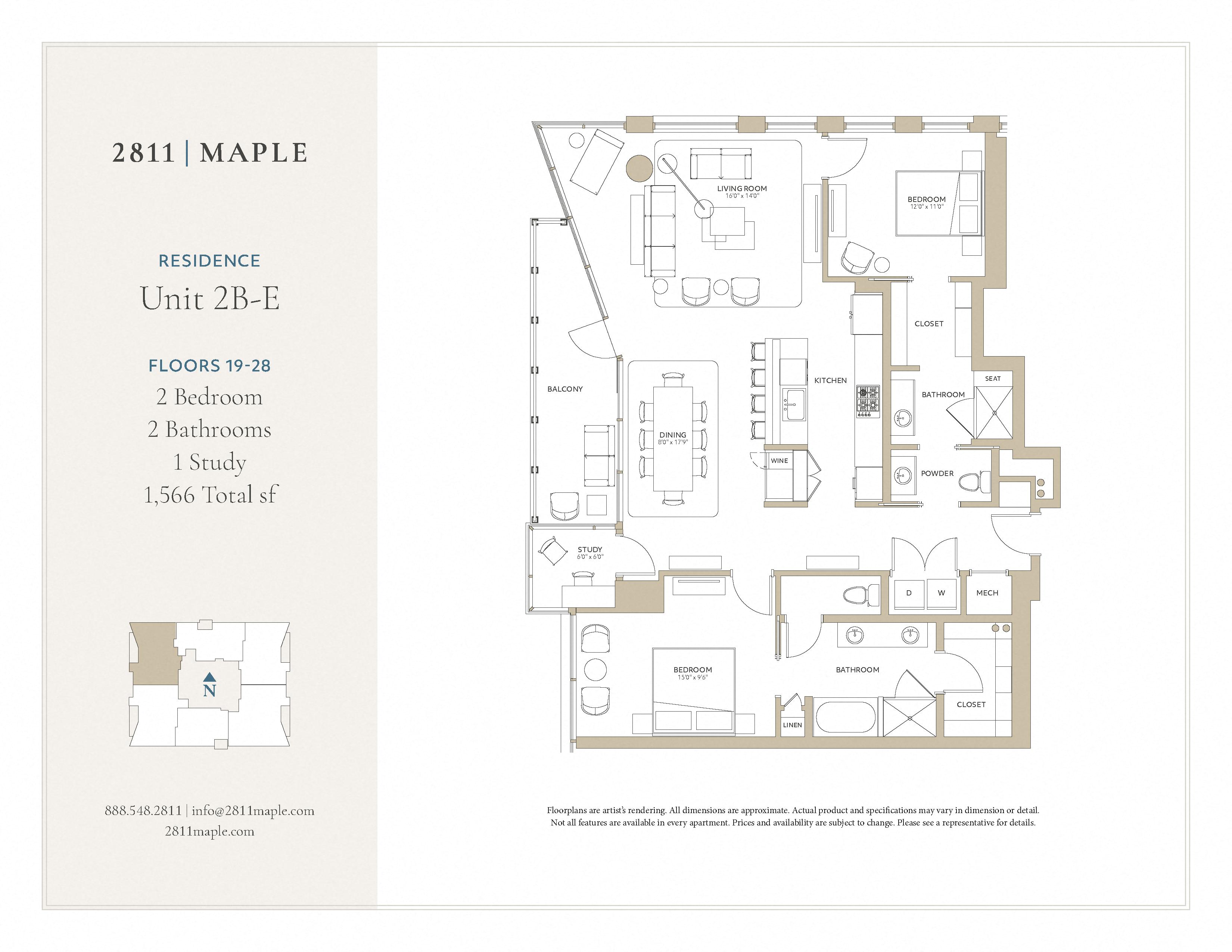 Floor plan for 2 beds, 2 baths, 1566 sqft