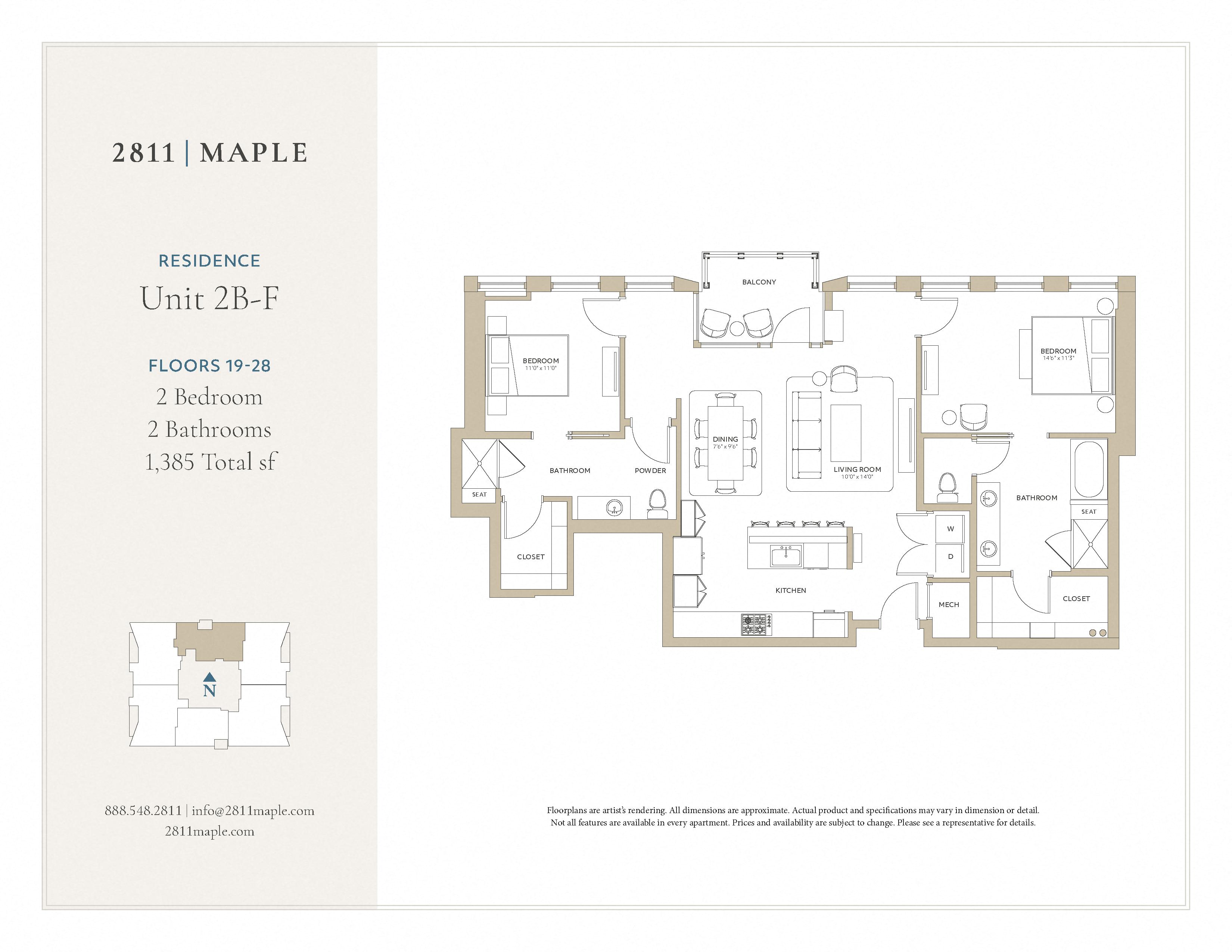 Floor plan for 2 beds, 2 baths, 1385 sqft