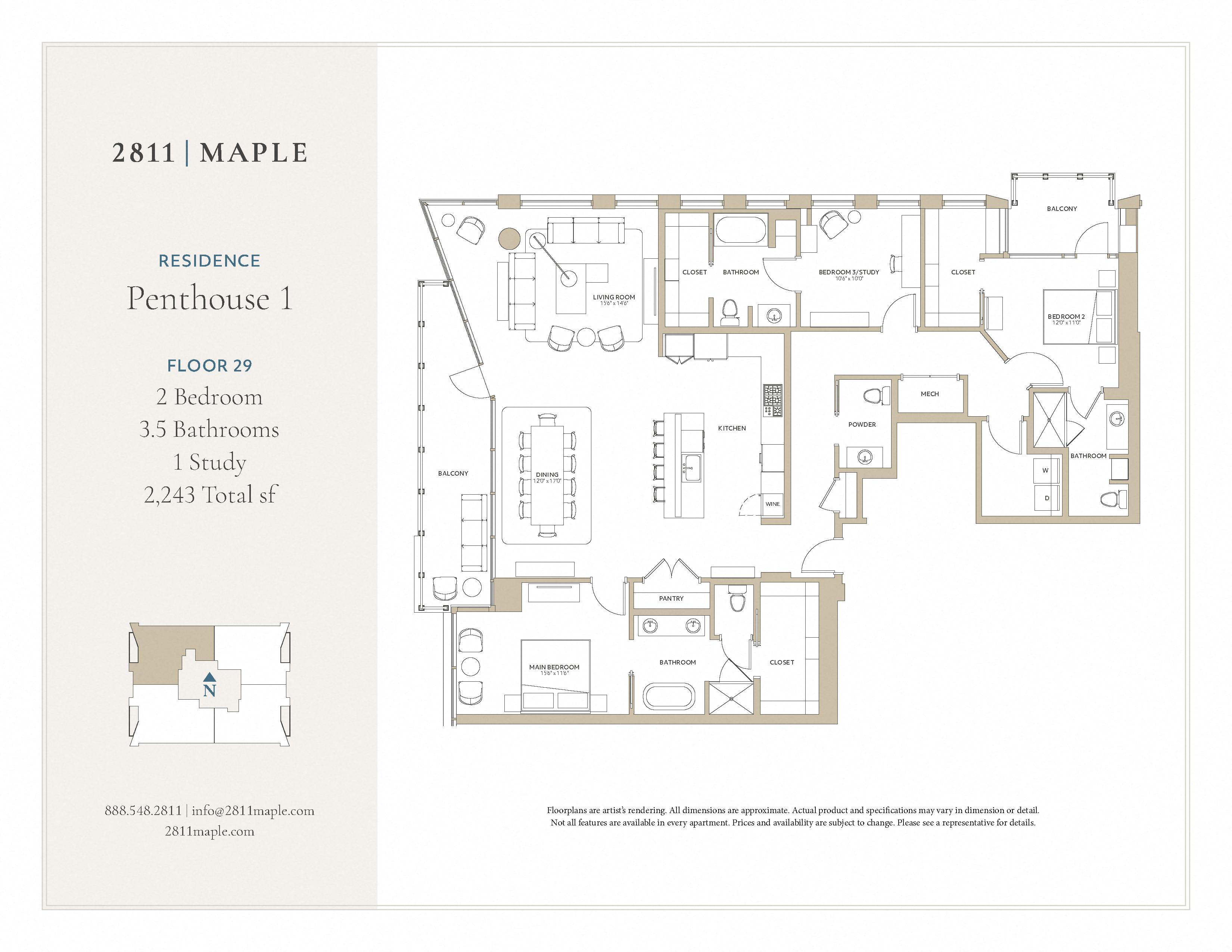 Floor plan for 3 beds, 3.5 baths, 2243 sqft