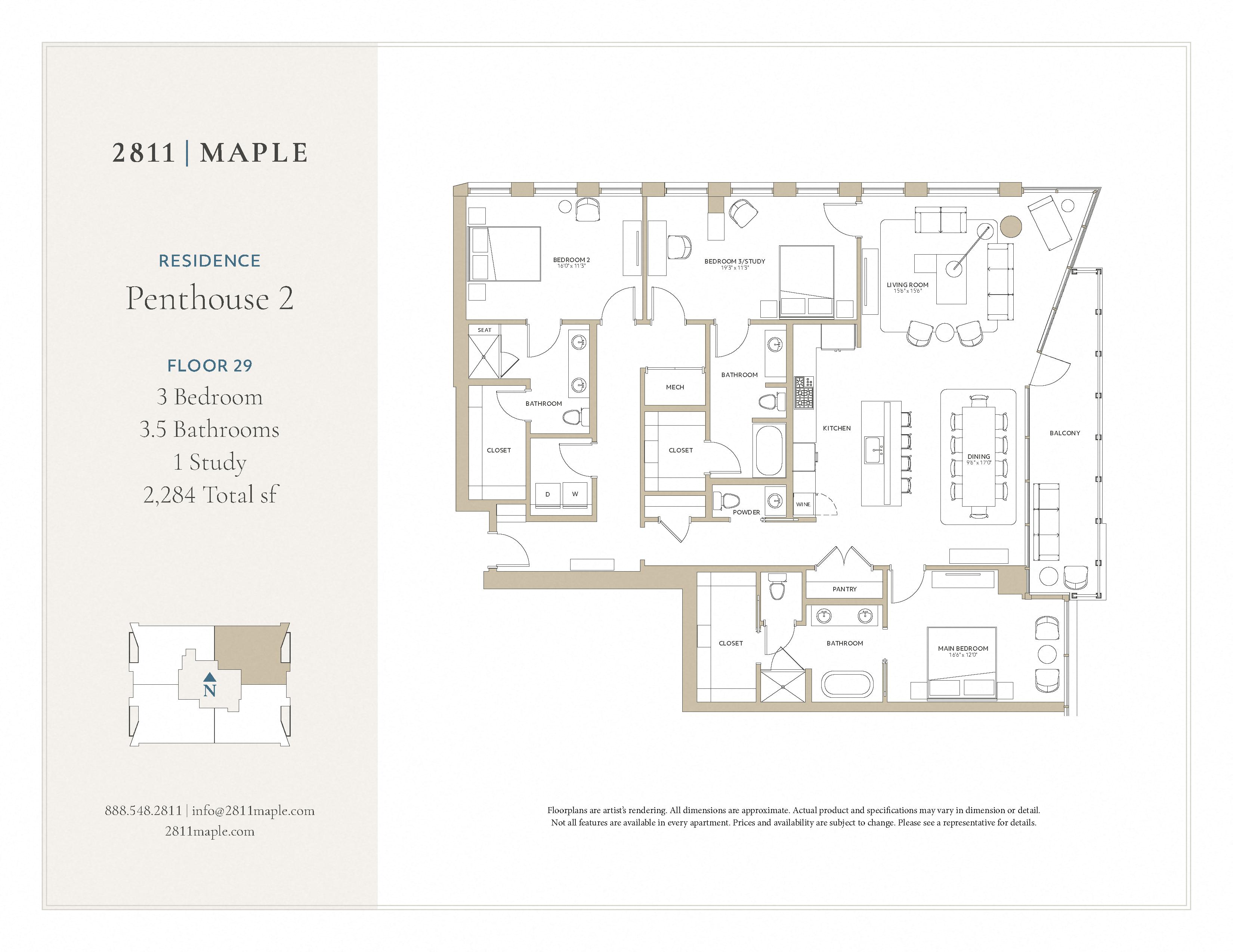 Floor plan for 3 beds, 3.5 baths, 2284 sqft