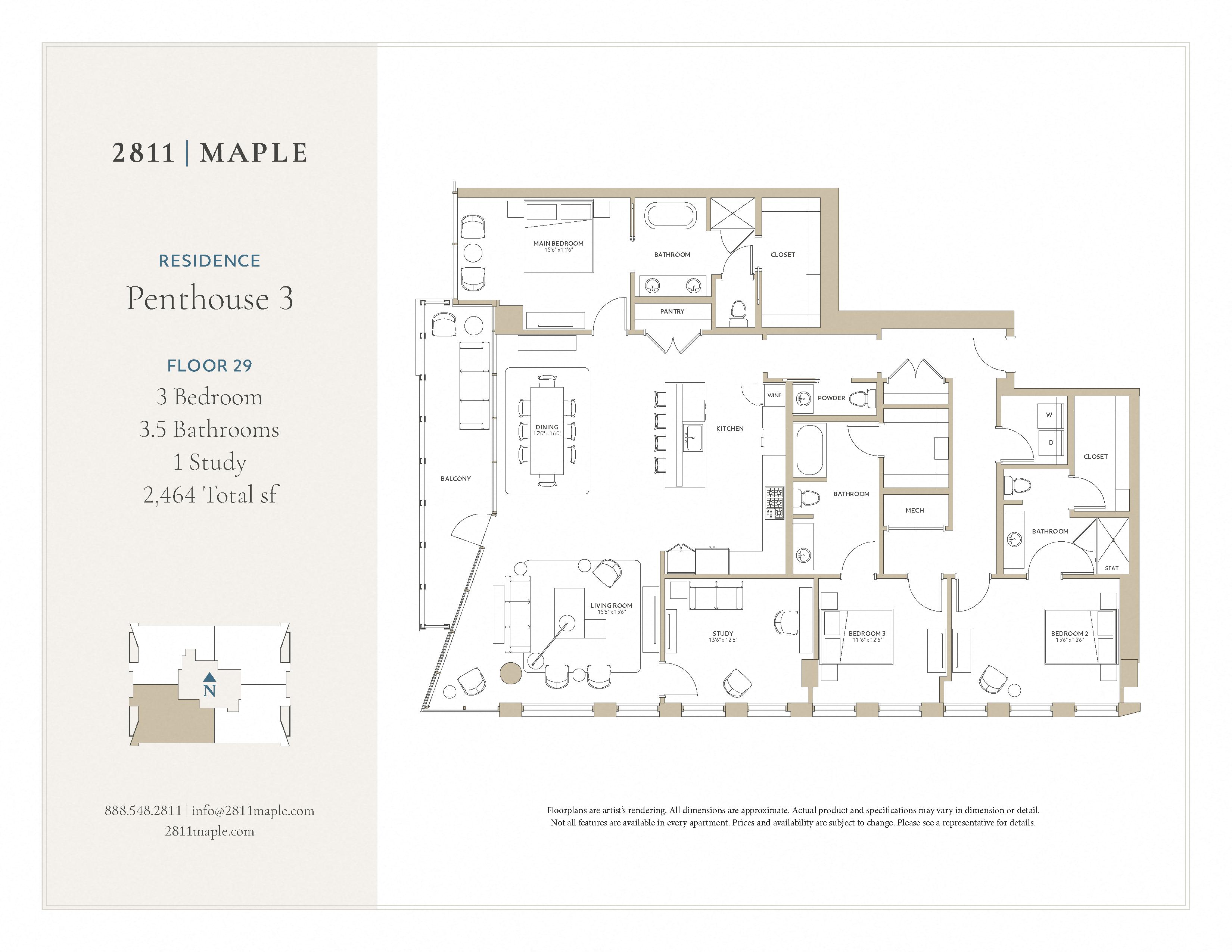 Floor plan for 3 beds, 3.5 baths, 2464 sqft