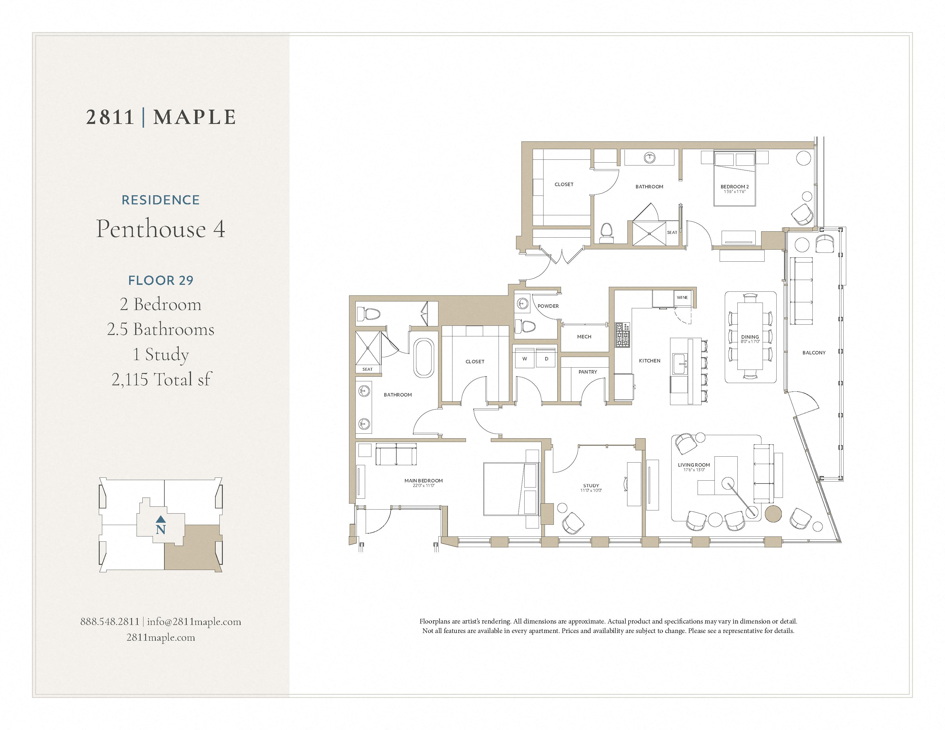 Floor plan for 2 beds, 2.5 baths, 2115 sqft