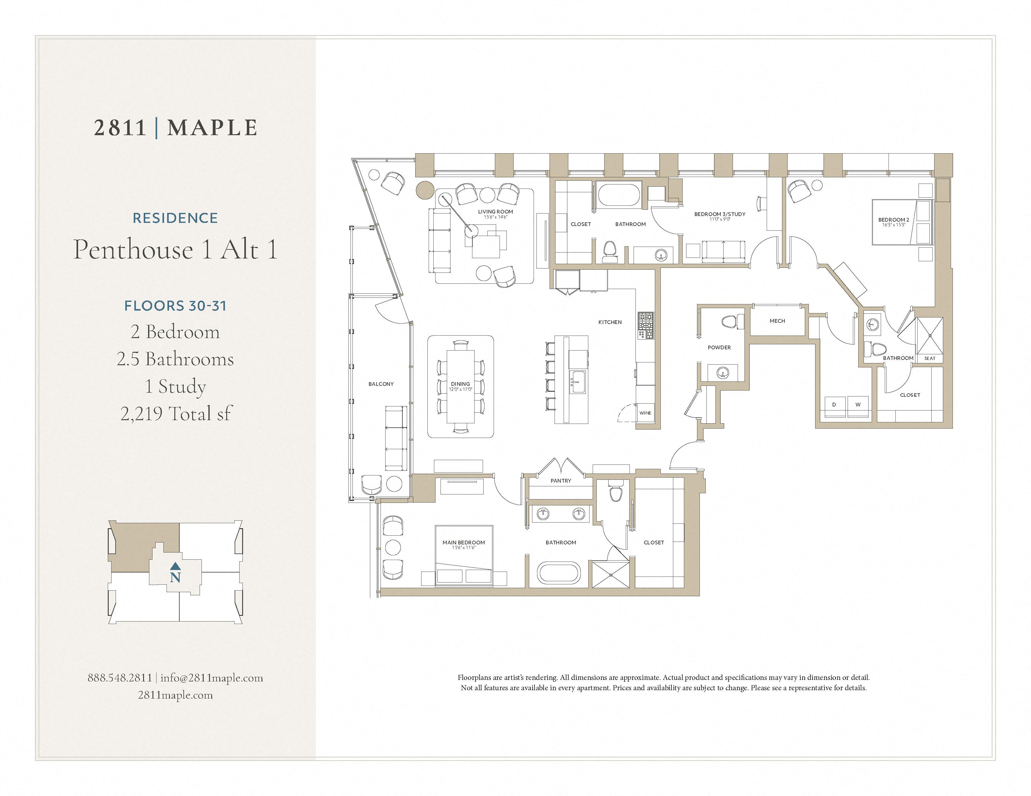 Floor plan for 3 beds, 3.5 baths, 2219 sqft