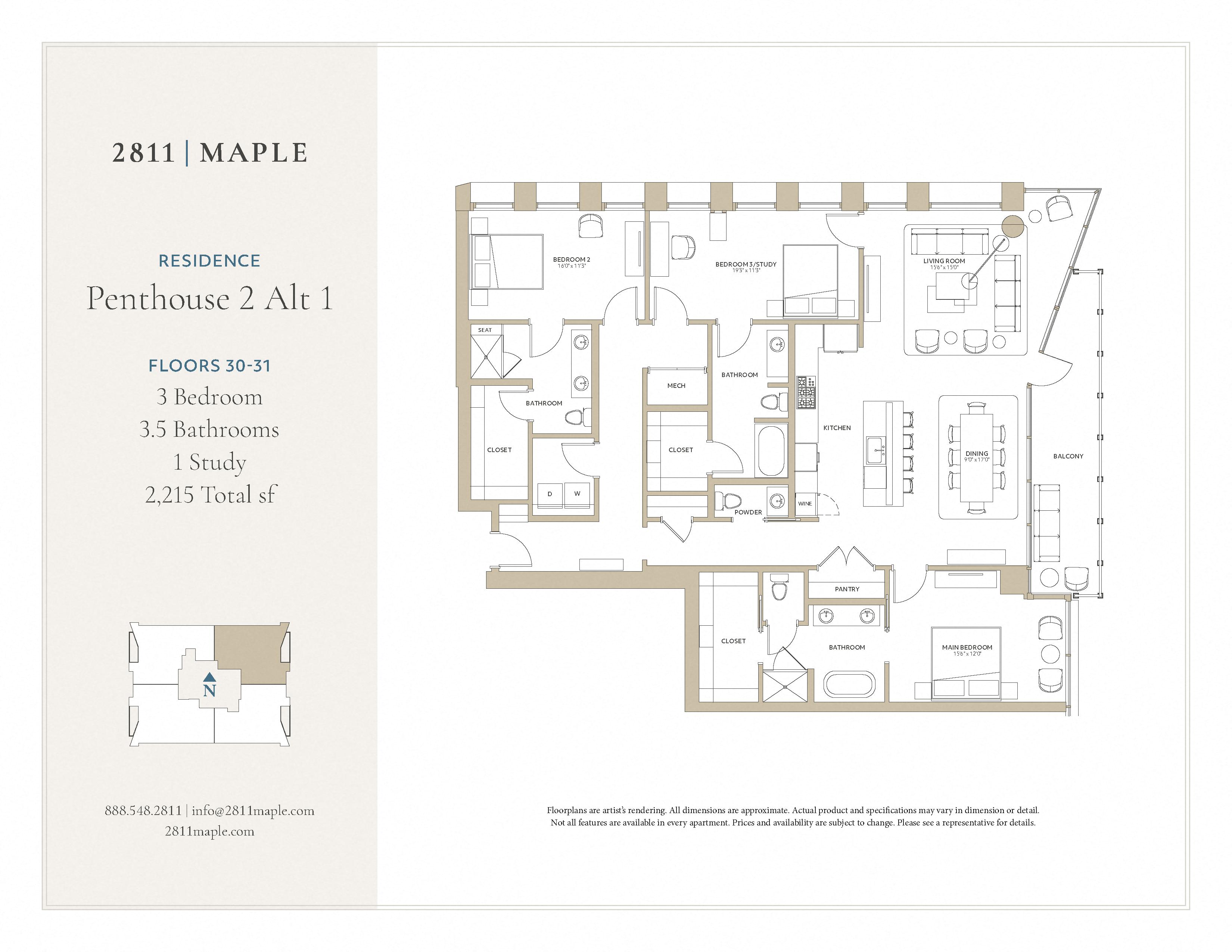 Floor plan for 3 beds, 3.5 baths, 2215 sqft