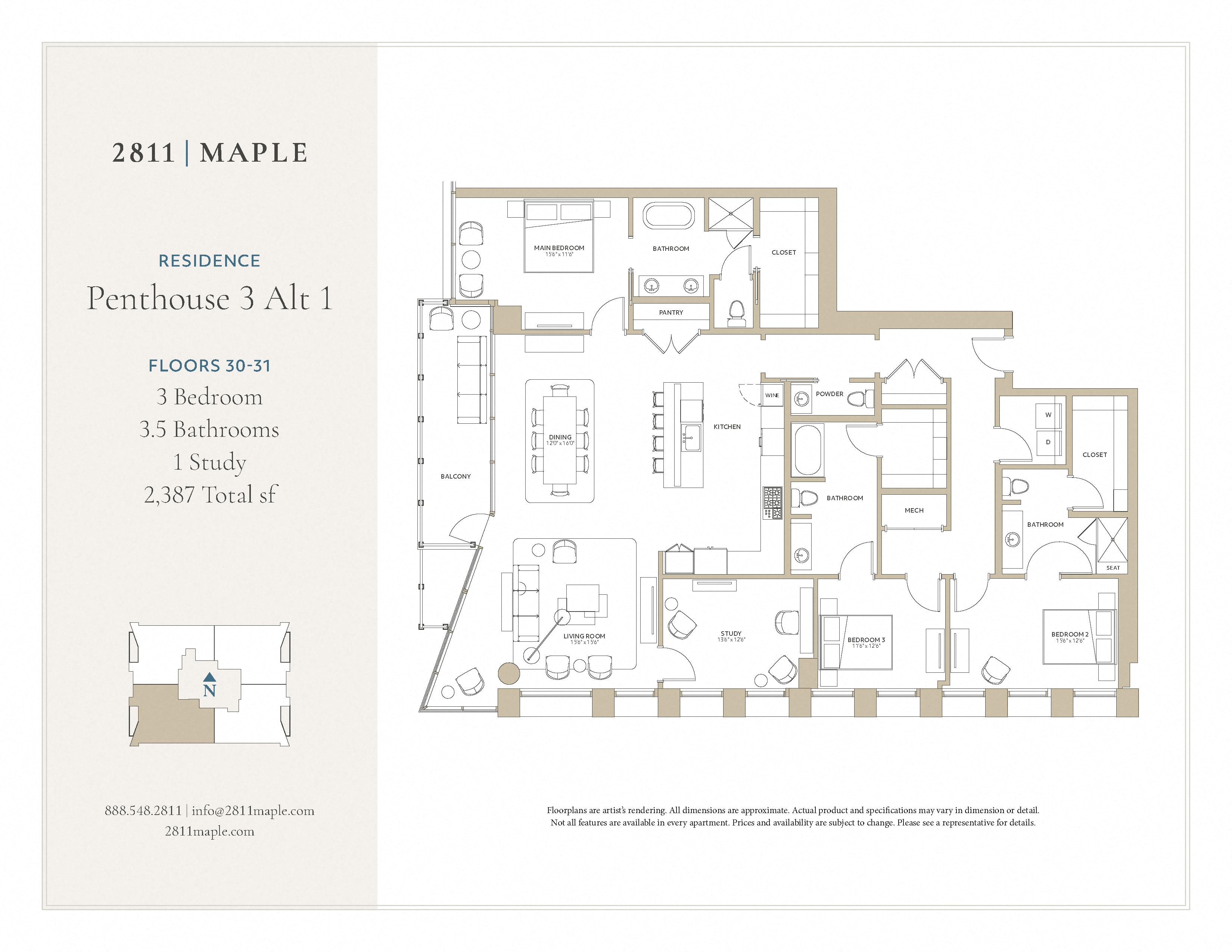 Floor plan for 3 beds, 3.5 baths, 2387 sqft