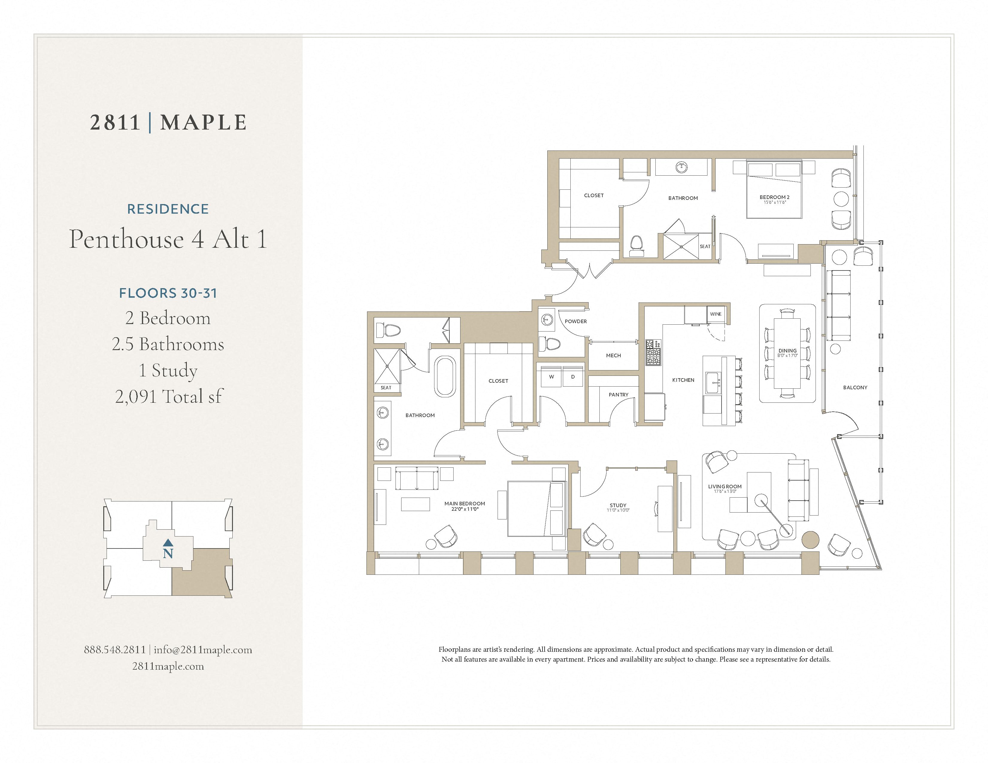 Floor plan for 2 beds, 2.5 baths, 2091 sqft