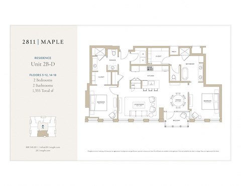 Floor plan for 2 beds, 2 baths, 1355 sqft