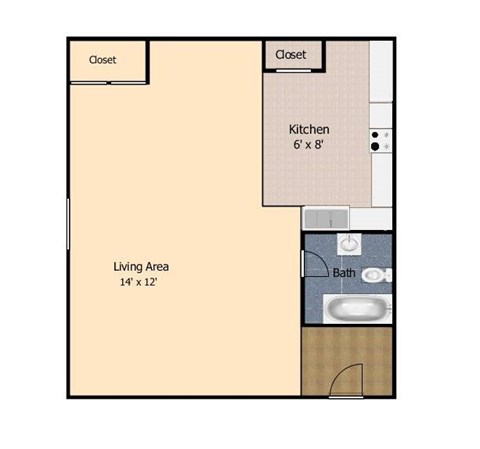 Floor plan for studio, 1 bath, 600 sqft