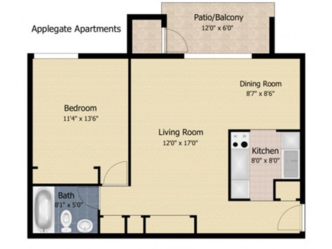 Floor plan for 1 bed, 1 bath, 624 sqft