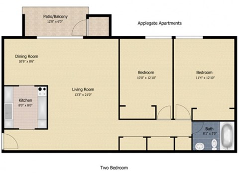 Floor plan for 2 beds, 1 bath, 894 sqft