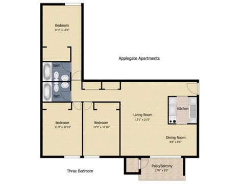 Floor plan for 3 beds, 2 baths, 1078 sqft
