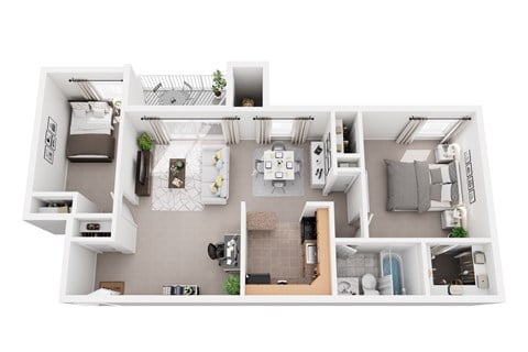 Floor plan for 2 beds, 1 bath, 749 sqft