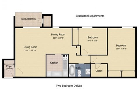 Floor plan for 2 beds, 1 bath, 793 sqft