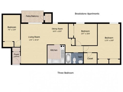 Floor plan for 3 beds, 1 bath, 900 sqft