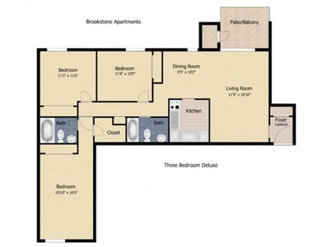 Floor plan for 3 beds, 2 baths, 959 sqft