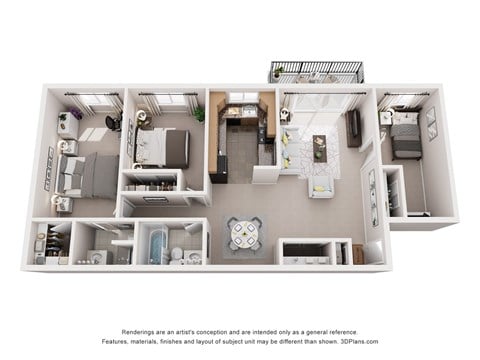 Floor plan for 3 beds, 2 baths, 930 sqft