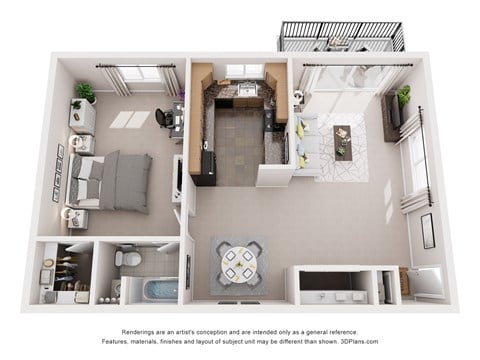 Floor plan for 1 bed, 1 bath, 600 sqft