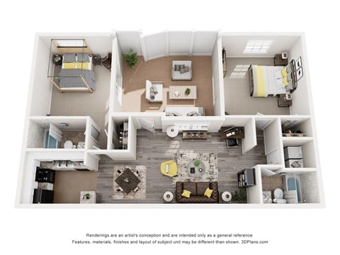 Floor plan for 2 beds, 2 baths, 1000 sqft