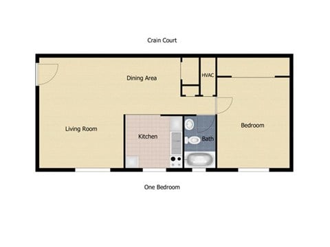 Floor plan for 1 bed, 1 bath, 650 sqft