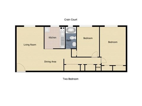 Floor plan for 2 beds, 1 bath, 950 sqft