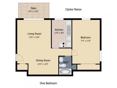 Floor plan for 1 bed, 1 bath, 572 sqft