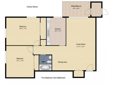 Floor plan for 2 beds, 1 bath, 645 sqft