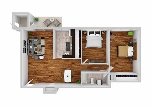 Floor plan for 2 beds, 1 bath, 798 sqft