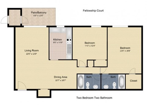 Floor plan for 2 beds, 2 baths, 950 sqft