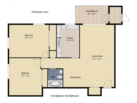 Floor plan for 2 beds, 1 bath, 910 sqft
