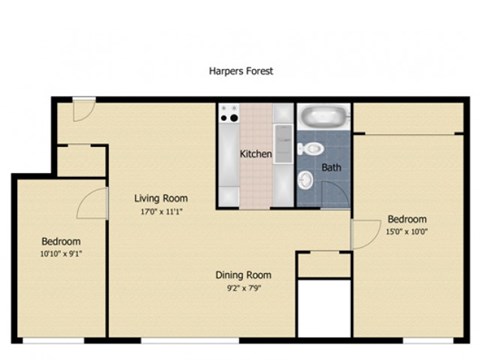 Floor plan for 2 beds, 1 bath, 800 sqft