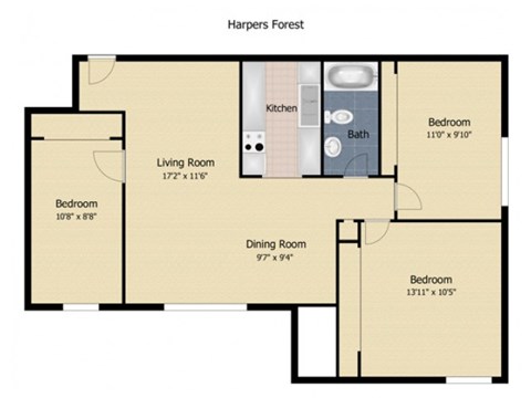 Floor plan for 3 beds, 1 bath, 1200 sqft