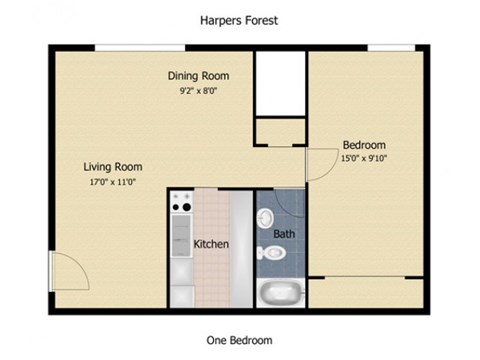 Floor plan for 1 bed, 1 bath, 700 sqft