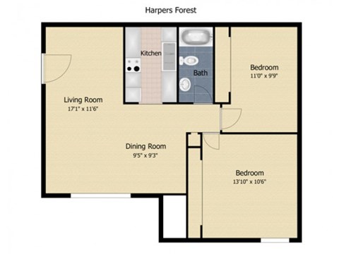 Floor plan for 2 beds, 1 bath, 850 sqft