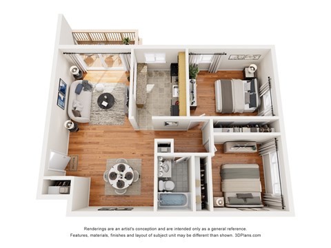 Floor plan for 2 beds, 1 bath, 615 sqft