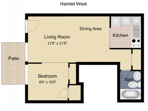 Floor plan for studio, 1 bath, 500 sqft