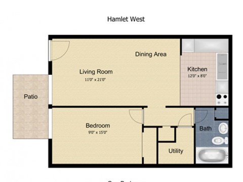 Floor plan for 1 bed, 1 bath, 556 sqft