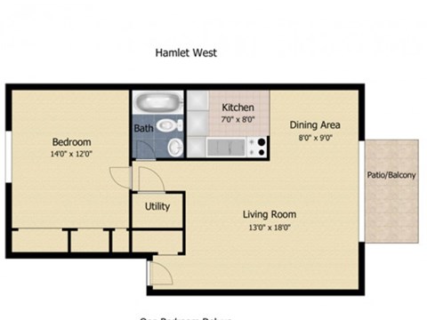 Floor plan for 1 bed, 1 bath, 629 sqft