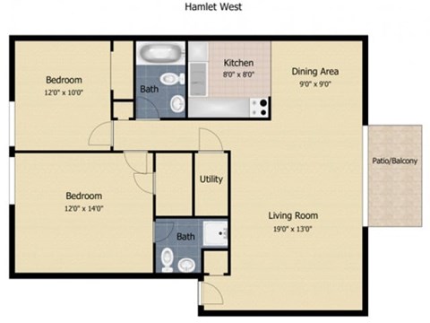 Floor plan for 2 beds, 2 baths, 745 sqft