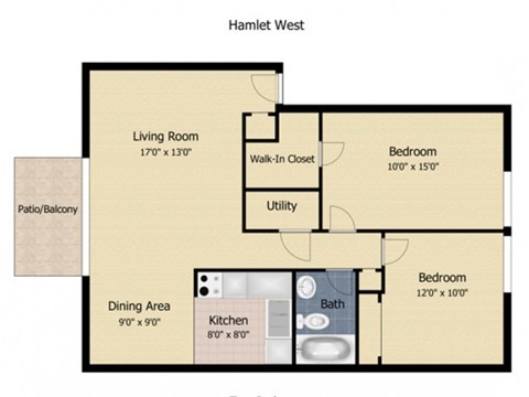 Floor plan for 2 beds, 1 bath, 729 sqft