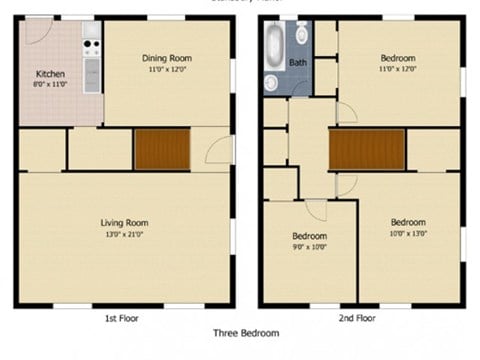 Floor plan for 3 beds, 1 bath, 1300 sqft