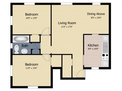 Floor plan for 2 beds, 1 bath, 900 sqft