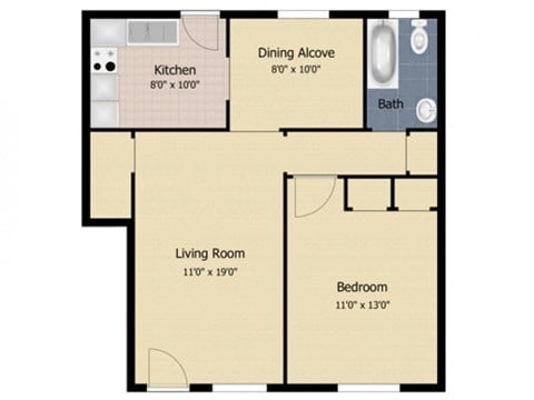 Floor plan for 1 bed, 1 bath, 700 sqft