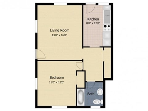 Floor plan for 1 bed, 1 bath, 650 sqft