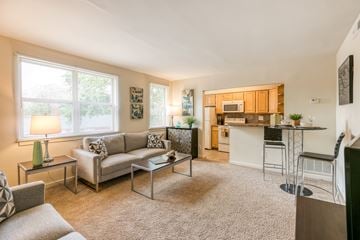 Baltimore apartment for rent - a living room with a couch and a kitchen with a bar
